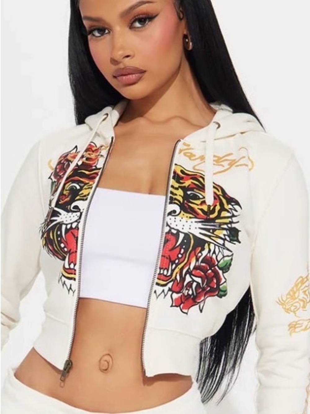 Ed Hardy Zip-Front Hoodie with Bold Tiger & Rose Graphic - Picture 2 of 5